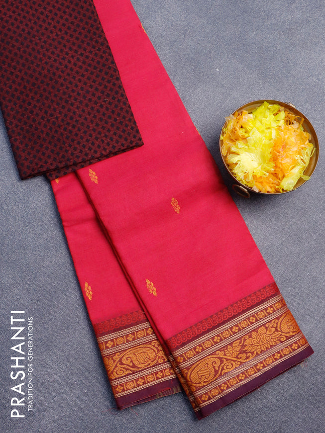 Chettinad cotton saree pink and maroon with thread woven buttas and thread woven border & woven blouse