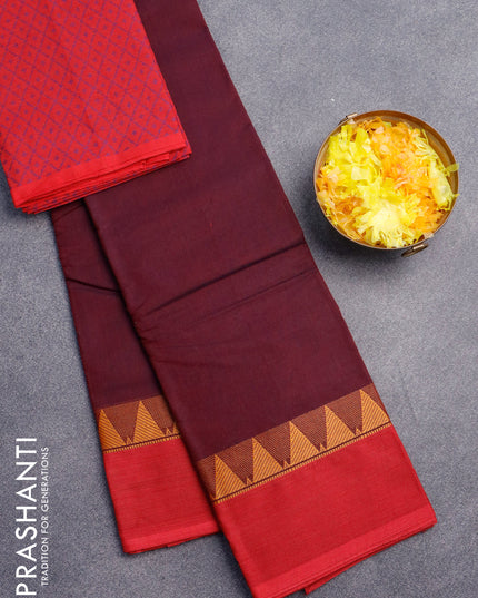 Chettinad cotton saree deep maroon and red with plain body and thread woven simple border & woven blouse