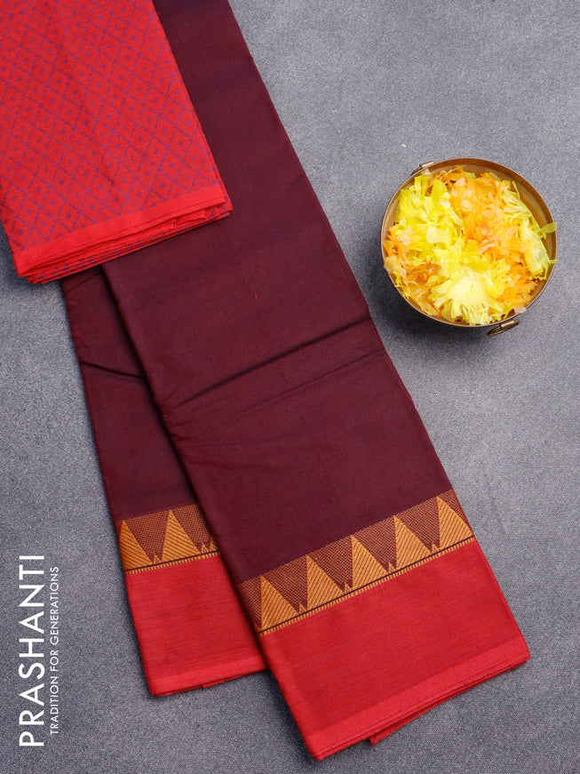 Chettinad cotton saree deep maroon and red with plain body and thread woven simple border & woven blouse