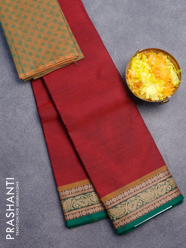 Chettinad cotton saree maroon and green with plain body and thread woven border & woven blouse
