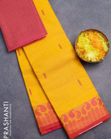 Chettinad cotton saree yellow and pink with thread woven buttas and paisley thread woven border & woven blouse
