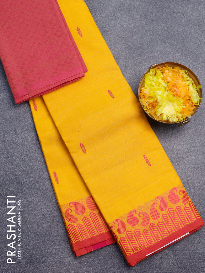 Chettinad cotton saree yellow and pink with thread woven buttas and paisley thread woven border & woven blouse