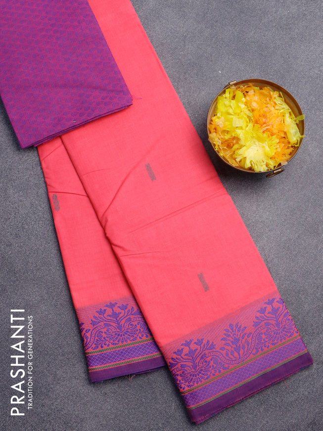 Chettinad cotton saree candy pink and blue with thread woven buttas and thread woven border & woven blouse
