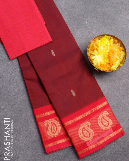 Chettinad cotton saree maroon and pink with thread woven buttas and woven border & woven blouse