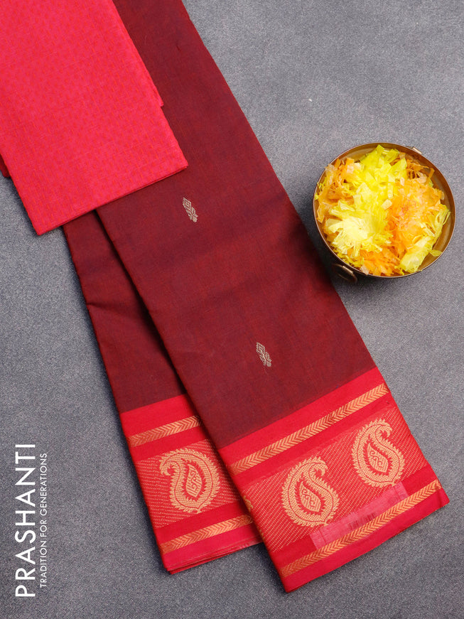 Chettinad cotton saree maroon and pink with thread woven buttas and woven border & woven blouse