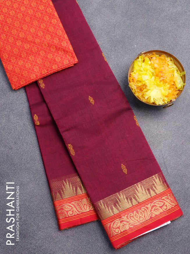 Chettinad cotton saree dark magenta and pink with thread woven buttas and temple design zari woven border & woven blouse