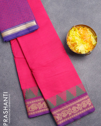 Chettinad cotton saree pink and violet with plain body and thread woven border & woven blouse