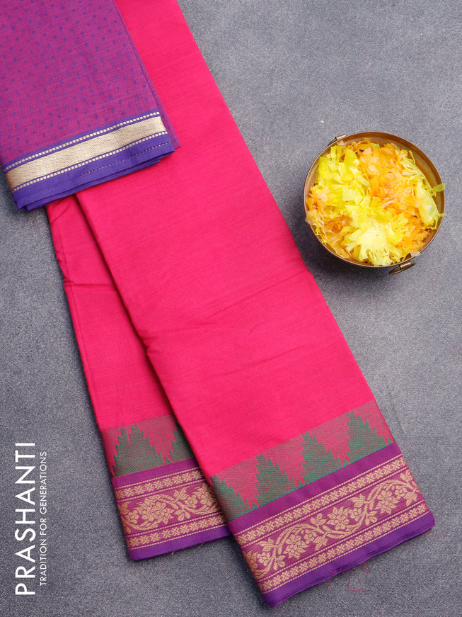 Chettinad cotton saree pink and violet with plain body and thread woven border & woven blouse