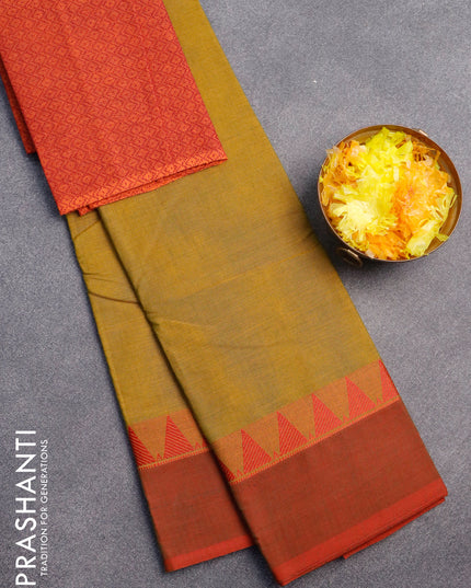 Chettinad cotton saree mustard green and red shade with plain body and temple design simple border & woven blouse
