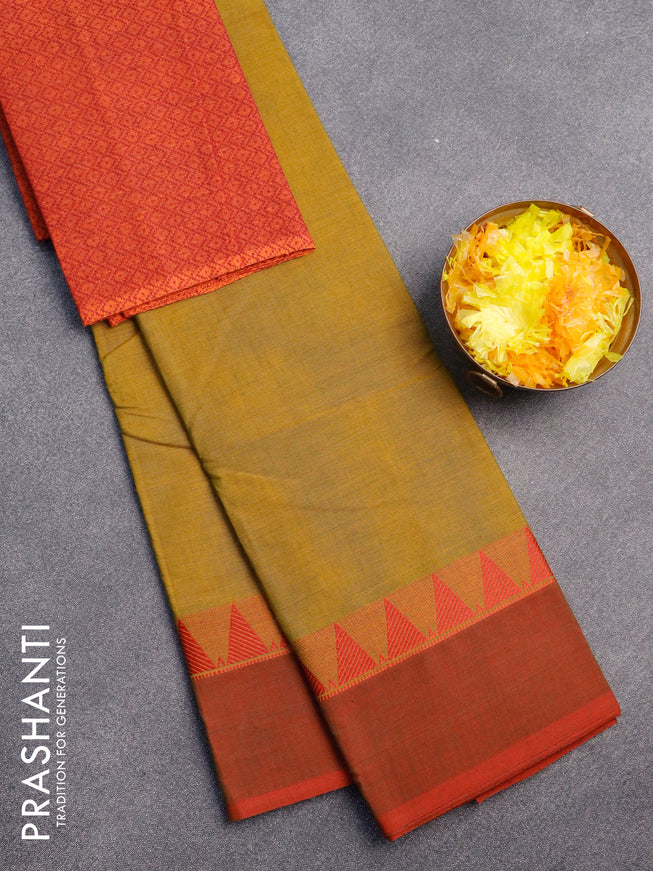 Chettinad cotton saree mustard green and red shade with plain body and temple design simple border & woven blouse