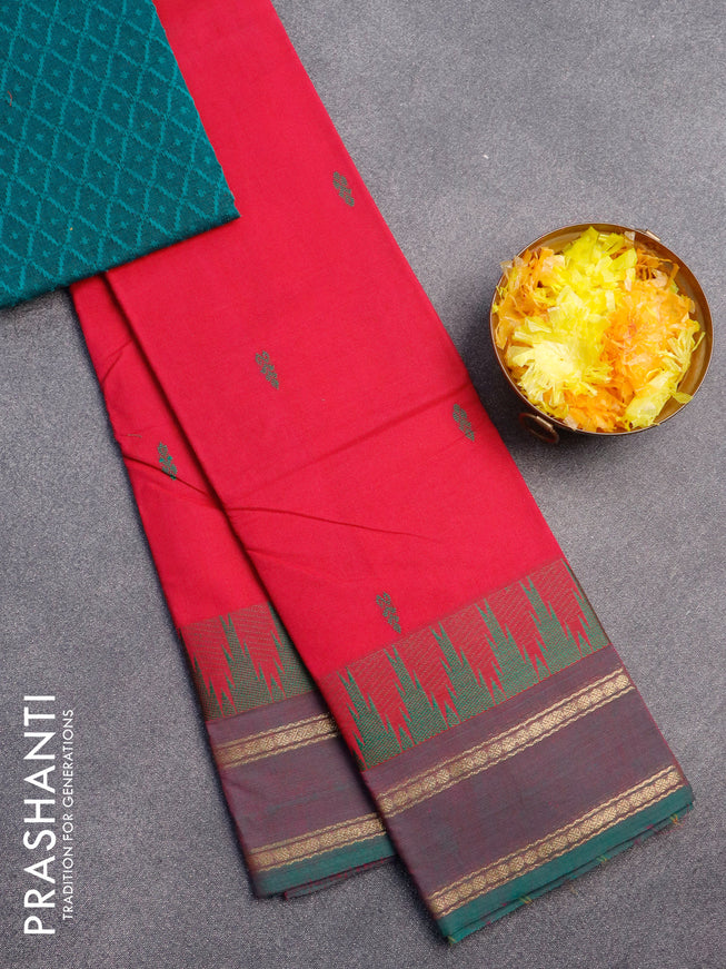 Chettinad cotton saree pink and dual shade of green with thread woven buttas and temple design zari woven border & woven blouse