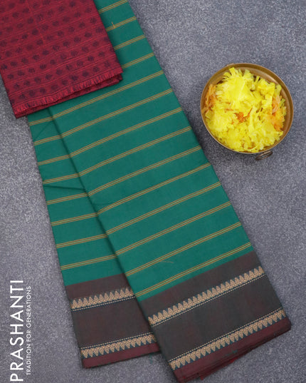 Chettinad cotton saree green and dual shade of maroon with allover stripes pattern and rettapet thread woven border & woven blouse