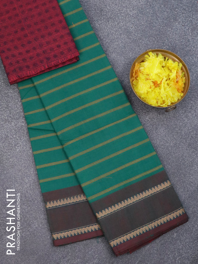 Chettinad cotton saree green and dual shade of maroon with allover stripes pattern and rettapet thread woven border & woven blouse