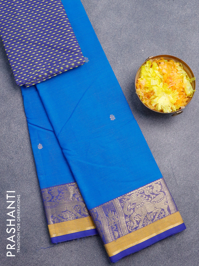 Chettinad cotton saree cs blue and bliue with zari woven border and zari woven border & woven blouse