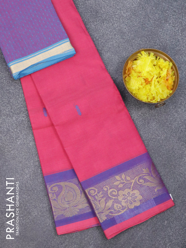 Chettinad cotton saree pink and blue with thread woven buttas and zari woven border & woven blouse