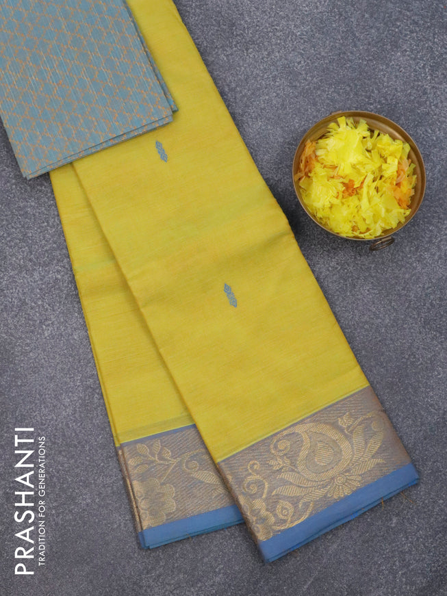 Chettinad cotton saree lime yellow and blue shade with thread woven buttas and zari woven border & woven blouse