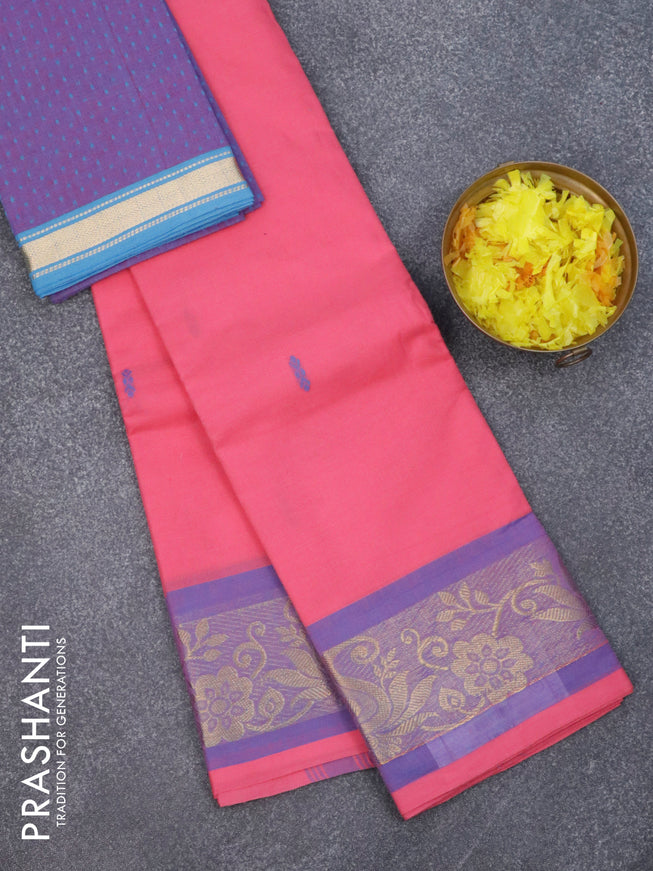 Chettinad cotton saree pink and dual shade of blue with thread woven buttas and zari woven border & woven blouse