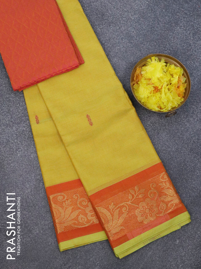 Chettinad cotton saree lime yellow and rustic orange with thread woven buttas and zari woven border & woven blouse