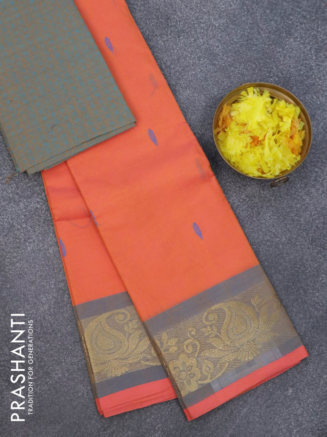 Chettinad cotton saree dual shade of pinkish orange and blue shade with thread woven buttas and zari woven border & woven blouse