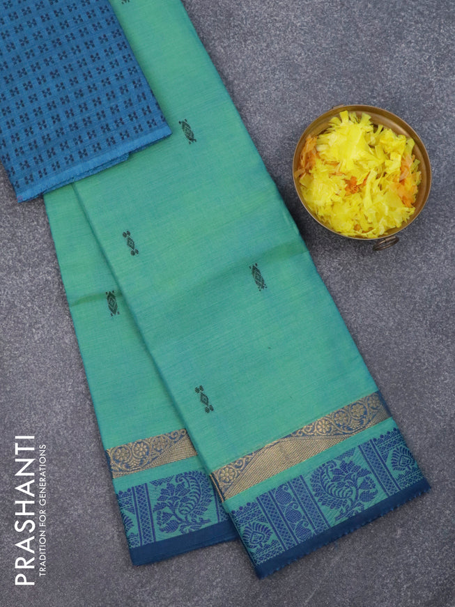 Chettinad cotton saree dual shade of teal green and peacock blue with thread woven buttas and zari woven border & woven blouse