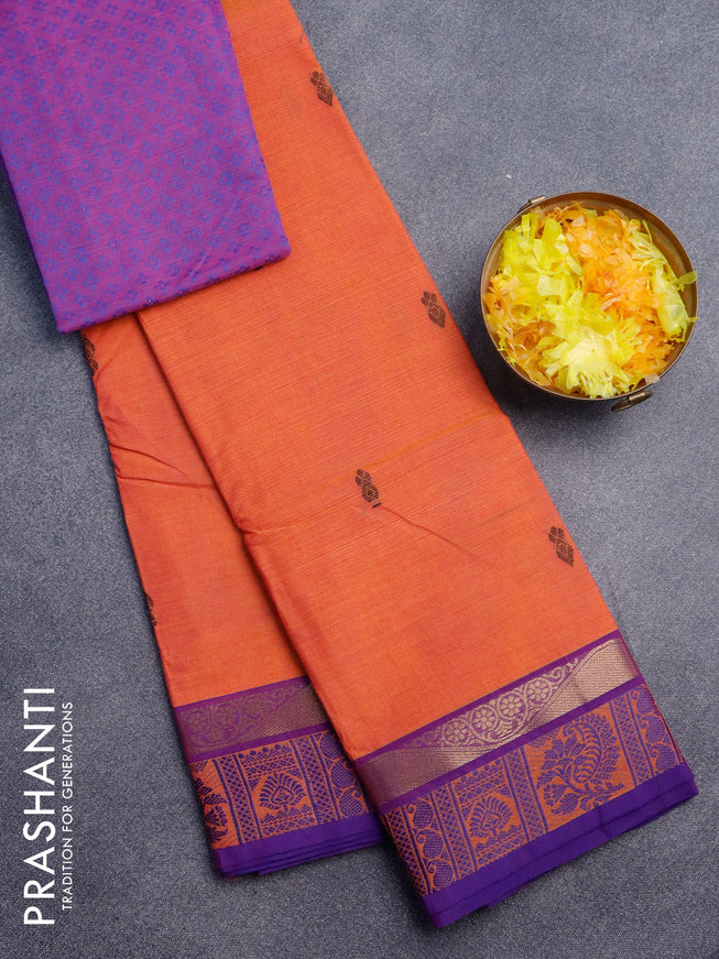 Chettinad cotton saree sunset orange and violet with thread woven buttas and thread & zari woven border & woven blouse