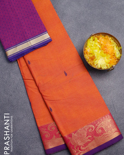 Chettinad cotton saree sunset orange and violet with thread woven buttas and paisley zari woven border & woven blouse
