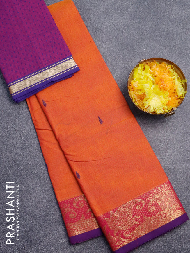 Chettinad cotton saree sunset orange and violet with thread woven buttas and paisley zari woven border & woven blouse
