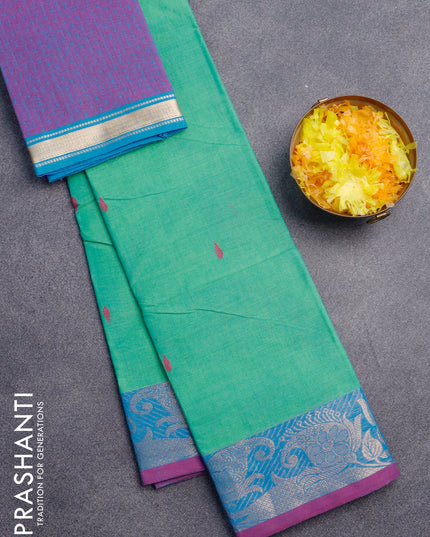 Chettinad cotton saree dual shade of teal green and purple with thread woven buttas and zari woven border & woven blouse