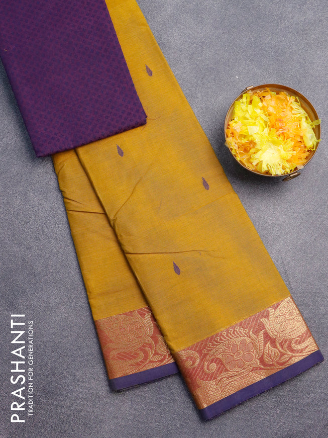 Chettinad cotton saree mustard shade and dark blue with thread woven buttas and paisley zari woven border & woven blouse