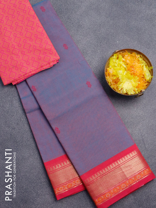 Chettinad cotton saree dual shade bluish pink and pink with thread woven buttas and zari woven border & woven blouse
