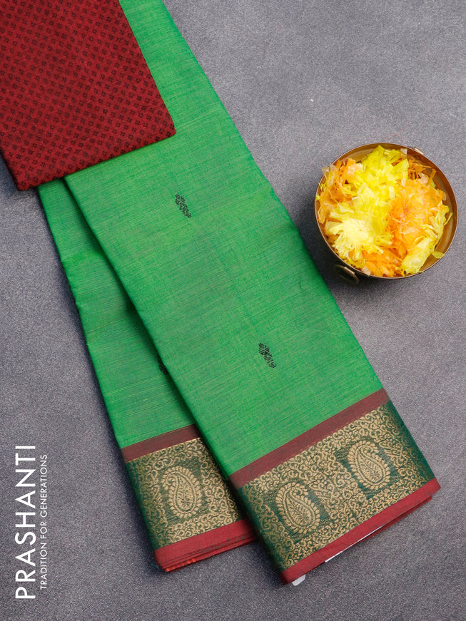 Chettinad cotton saree green and maroon with thread woven buttas and paisley zari woven border & woven blouse