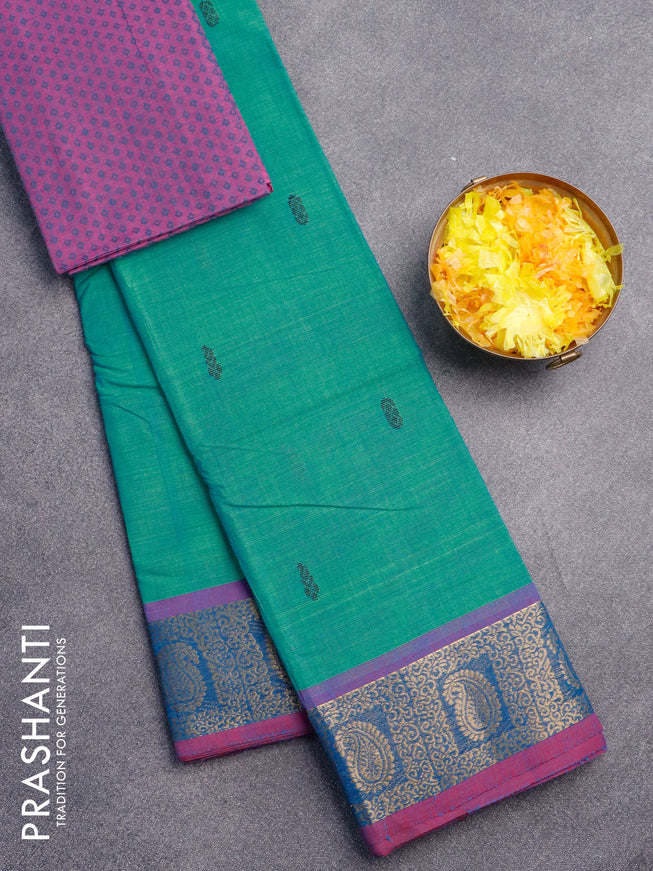 Chettinad cotton saree teal green and pink shade with thread woven buttas and zari woven border & woven blouse