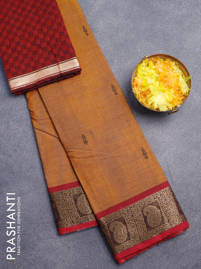 Chettinad cotton saree mustard shade and maroon with thread woven buttas and paisley zari woven border & woven blouse