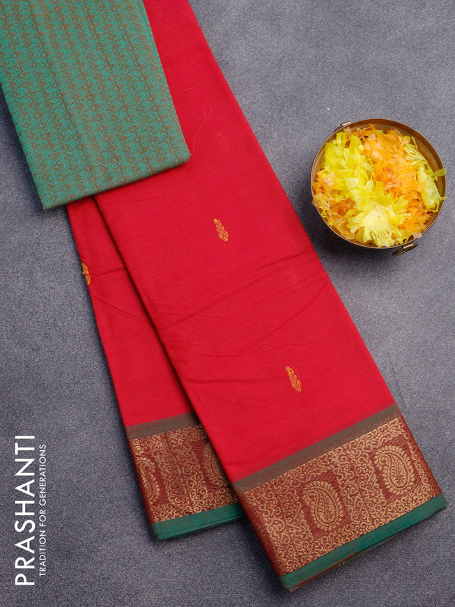 Chettinad cotton saree pink and green with thread woven buttas and paisley zari woven border & woven blouse