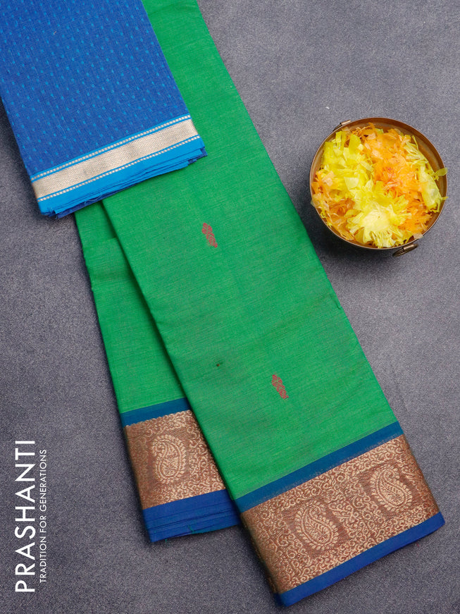 Chettinad cotton saree green and cs blue with thread woven buttas and paisley zari woven border & woven blouse