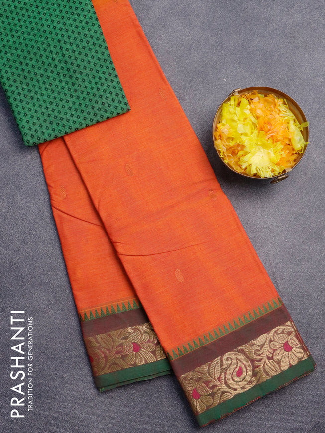 Chettinad cotton saree sunset orange and green with copper zari woven buttas and zari woven border & woven blouse