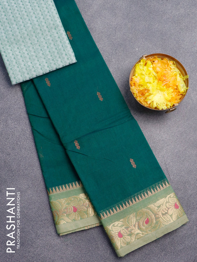 Chettinad cotton saree dark green and green shade with copper zari woven buttas and zari woven border & woven blouse