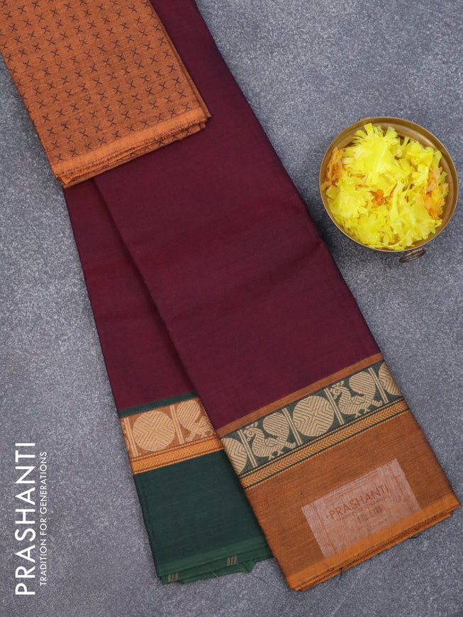 Chettinad cotton saree deep maroon with plain body and ganga jamuna thread woven border & woven blouse
