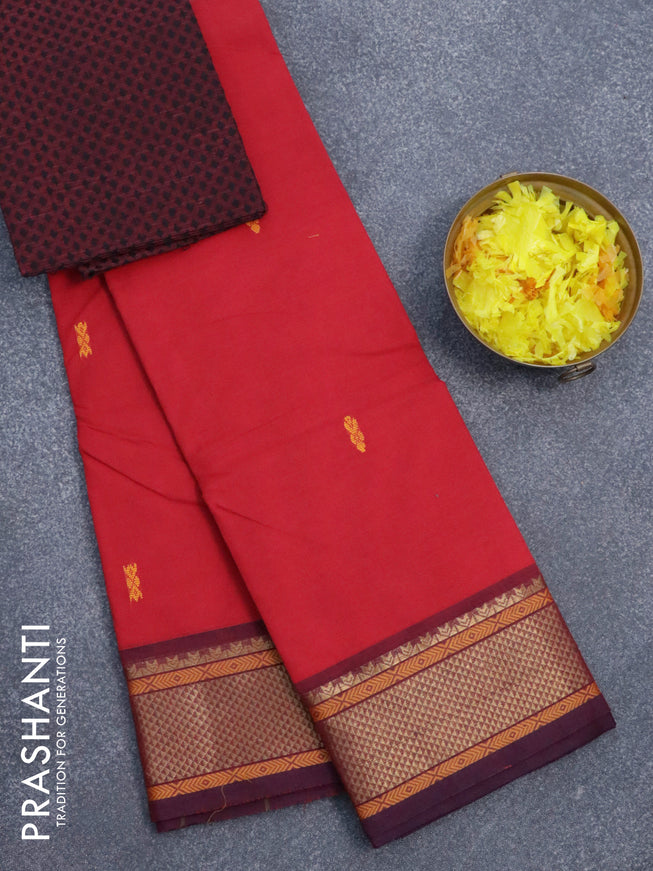 Chettinad cotton saree red and maroon with thread woven buttas and zari woven border & woven blouse