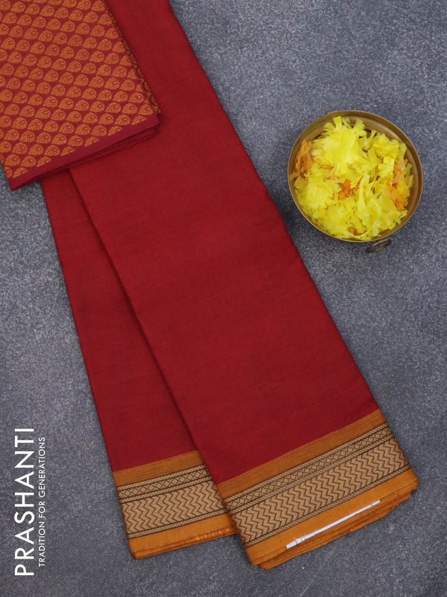 Chettinad cotton saree maroon and mustard yellow with plain body and thread woven border & woven blouse