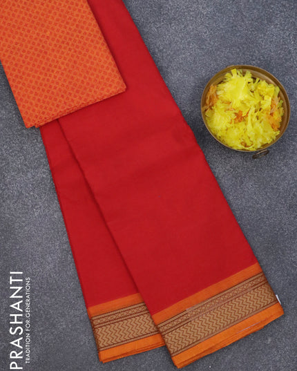 Chettinad cotton saree red and mustard yellow with plain body and thread woven border & woven blouse