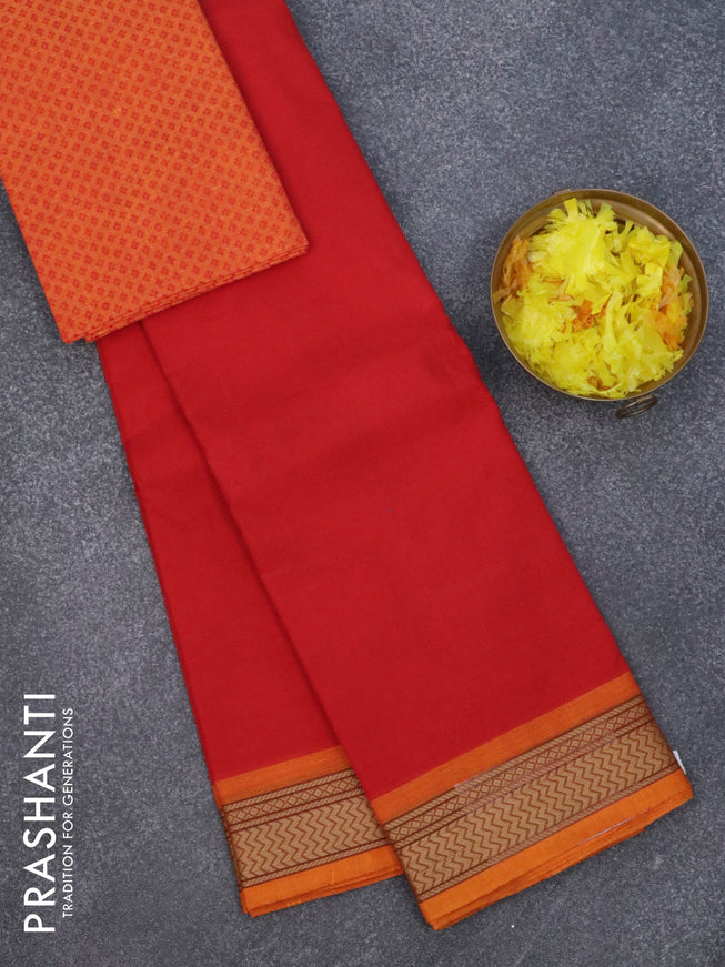 Chettinad cotton saree red and mustard yellow with plain body and thread woven border & woven blouse