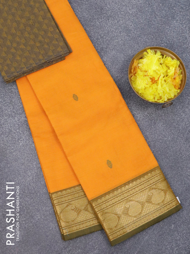 Chettinad cotton saree mago yellow and sap green with thread woven buttas and zari woven border & woven blouse