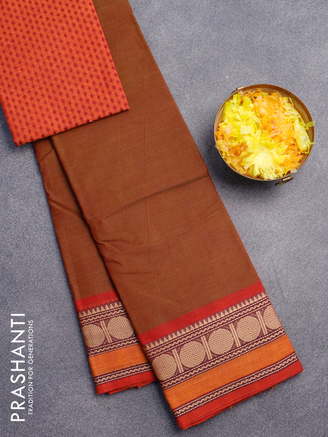 Chettinad cotton saree dual shade of green shade and rustic maroon with plain body and thread woven border & woven blouse