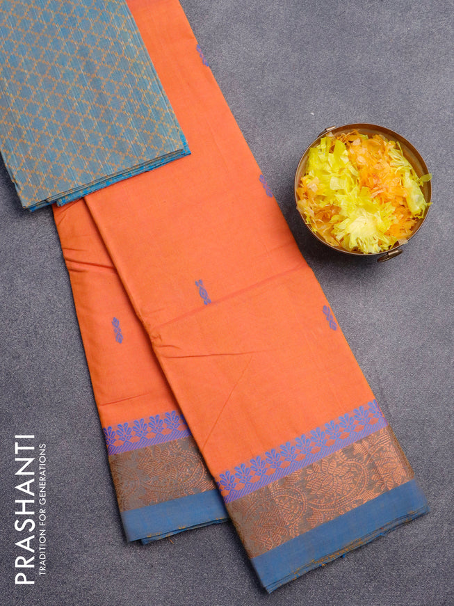 Chettinad cotton saree dual shade of orange and blue with thread woven buttas and copper zari woven border & woven blouse