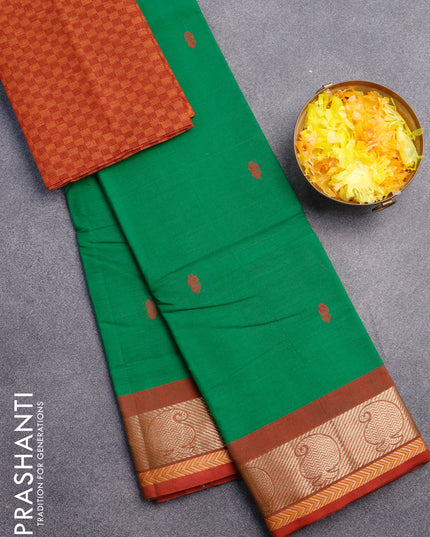 Chettinad cotton saree green and maroon with thread woven buttas and zari woven border & woven blouse