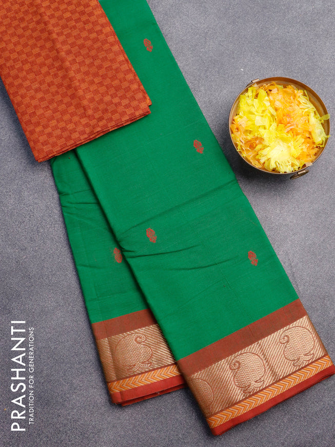 Chettinad cotton saree green and maroon with thread woven buttas and zari woven border & woven blouse