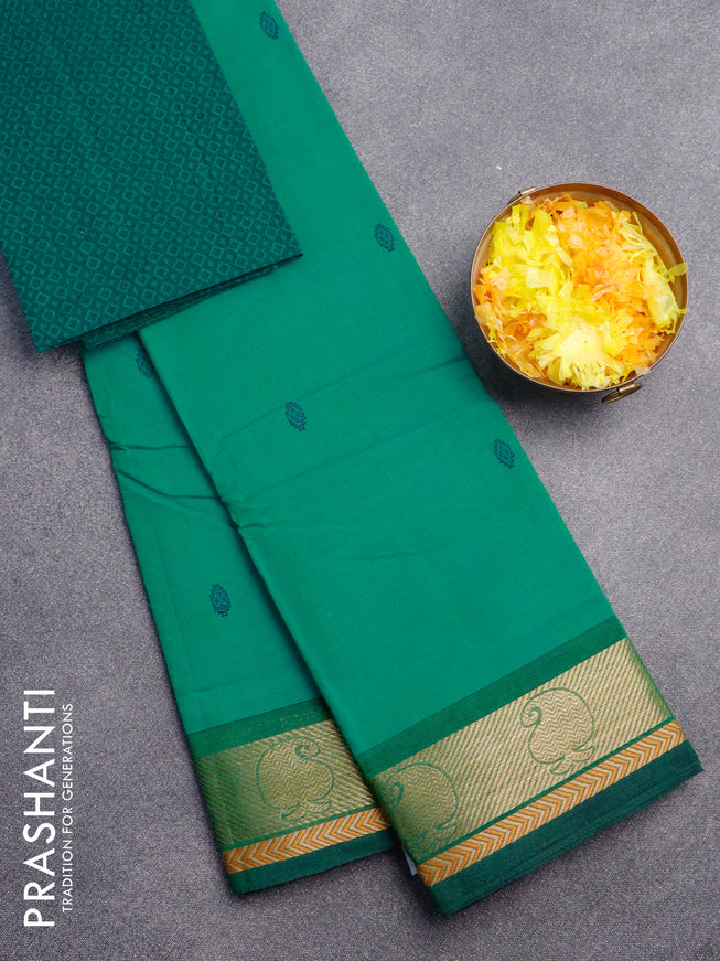 Chettinad cotton saree dual shade of teal and green with thread woven buttas and zari woven border & woven blouse