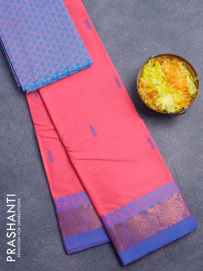 Chettinad cotton saree candy pink and blue with thread woven buttas and copper zari woven border & woven blouse