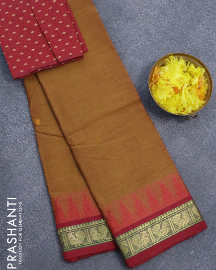 Chettinad cotton saree dark mustard and maroon with thread woven buttas and temple design annam zari woven border & printed blouse